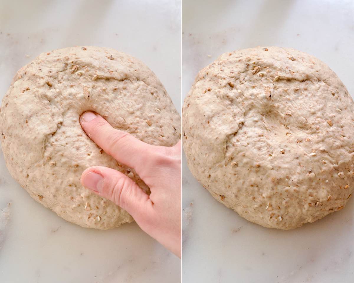 Pressing bread dough with a finger to check if it springs back.