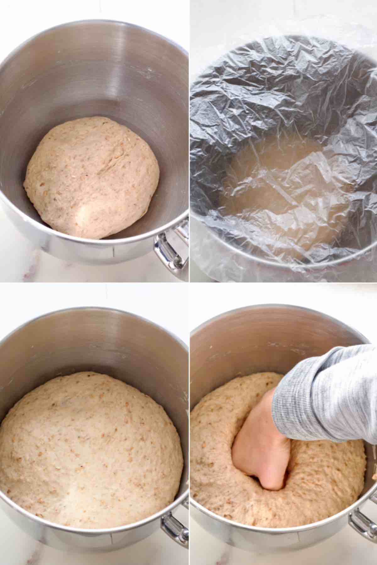 First proof of bread dough under cover until double in size and deflating it.