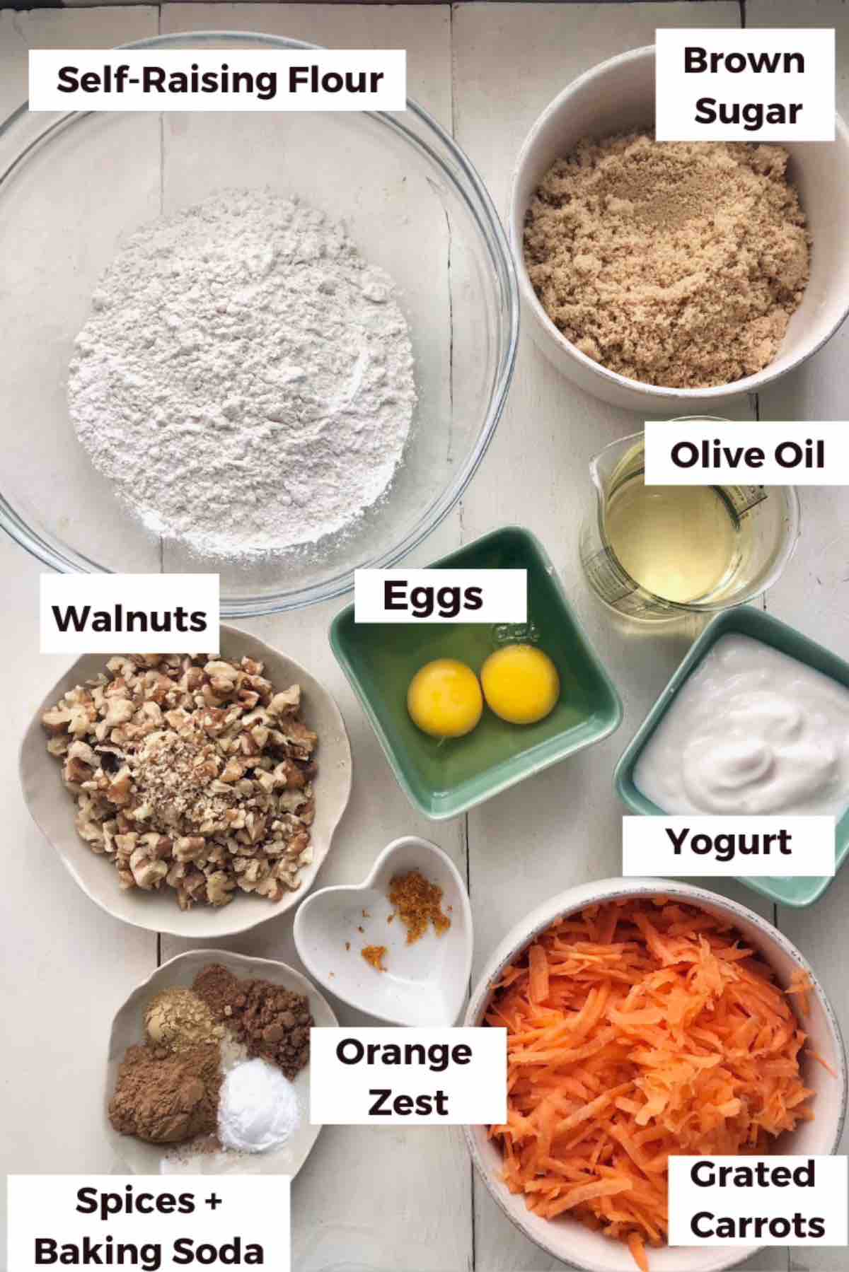 Ingredients for making carrot cake traybake.