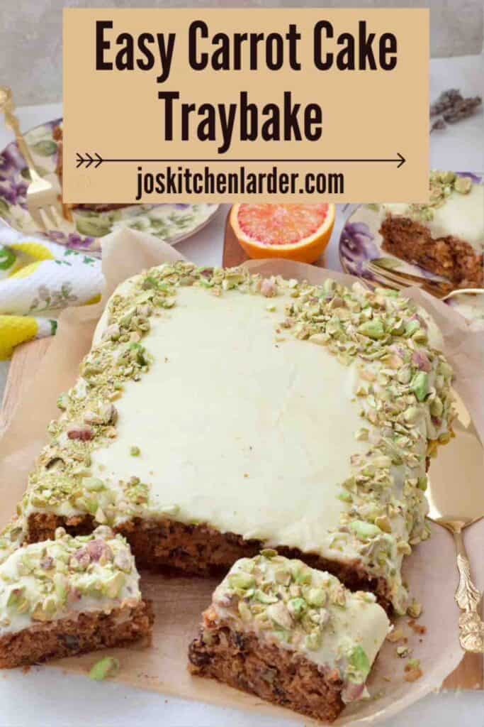 View of carrot cake traybake with plated portions and extra two slices.