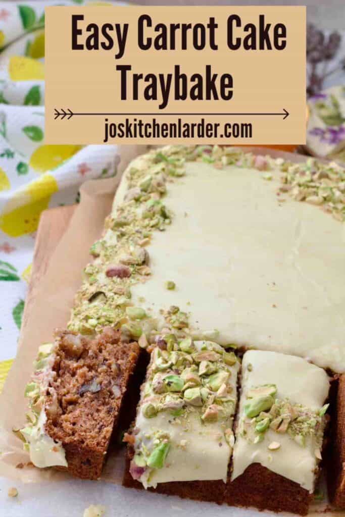 Carrot cake traybake and three slices, one on its side.