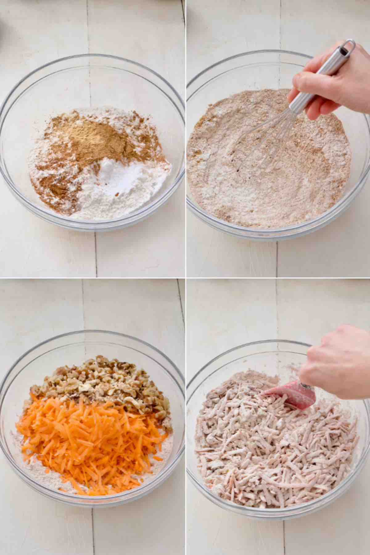 Mixing dry ingredients in a bowl and adding grated carrots and walnuts.