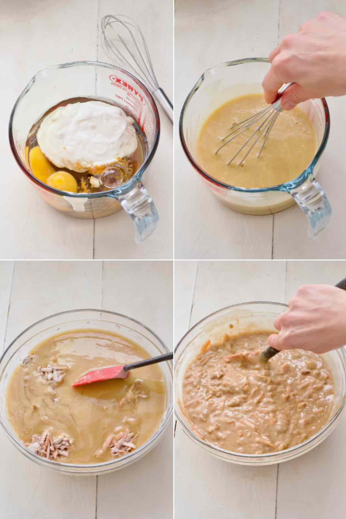 Mixing wet ingredients in a jug and incorporating into the dry ones in a bowl.