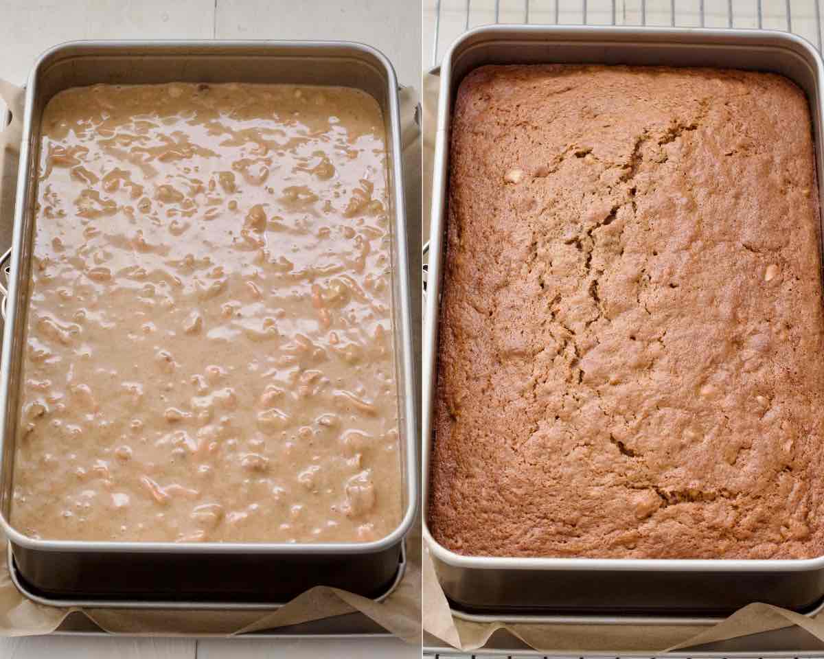 Carrot cake traybake in a tin before and after baking.
