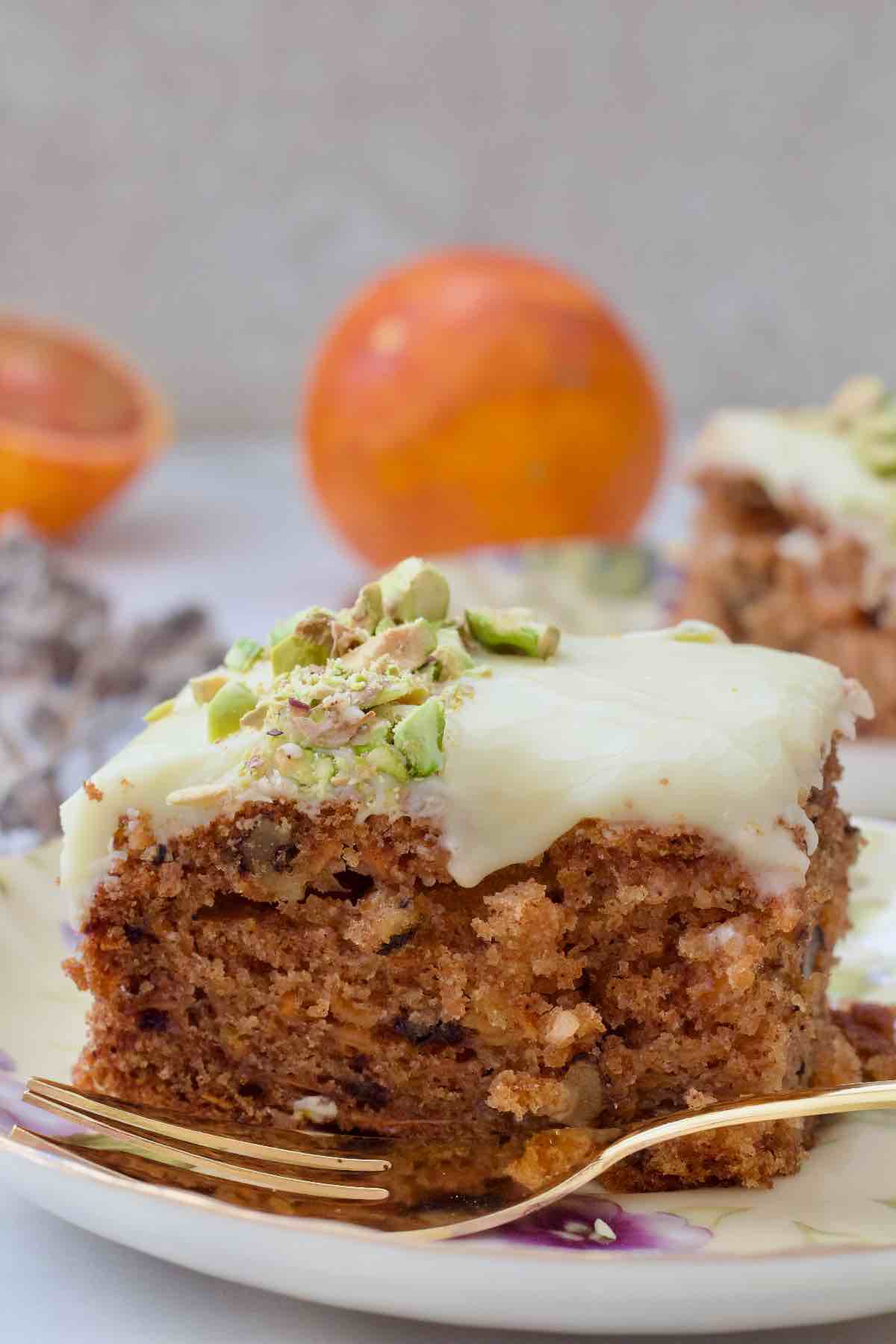 Close up of a slice of carrot cake.