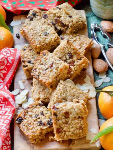 Close up of mincemeat flapjacks on a board.