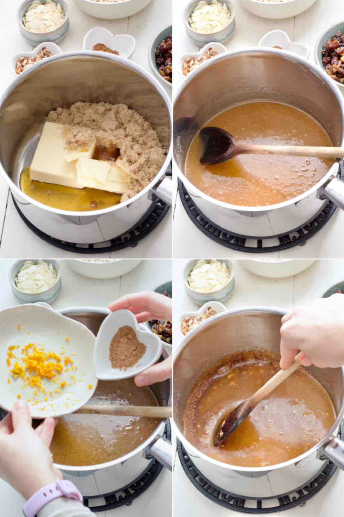 Melting butter, sugar and golden syrup in a pan, adding zest and spices.