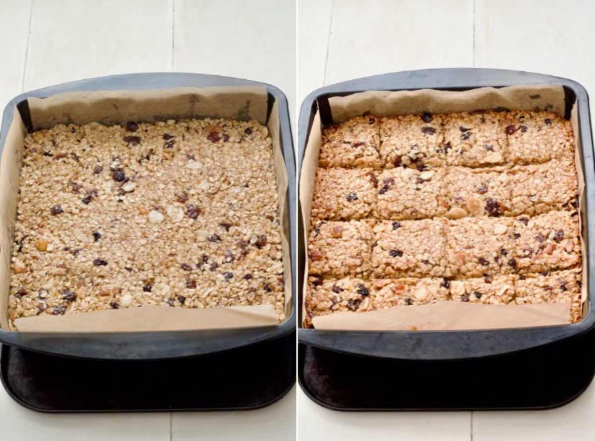 Flapjacks before and after baking.
