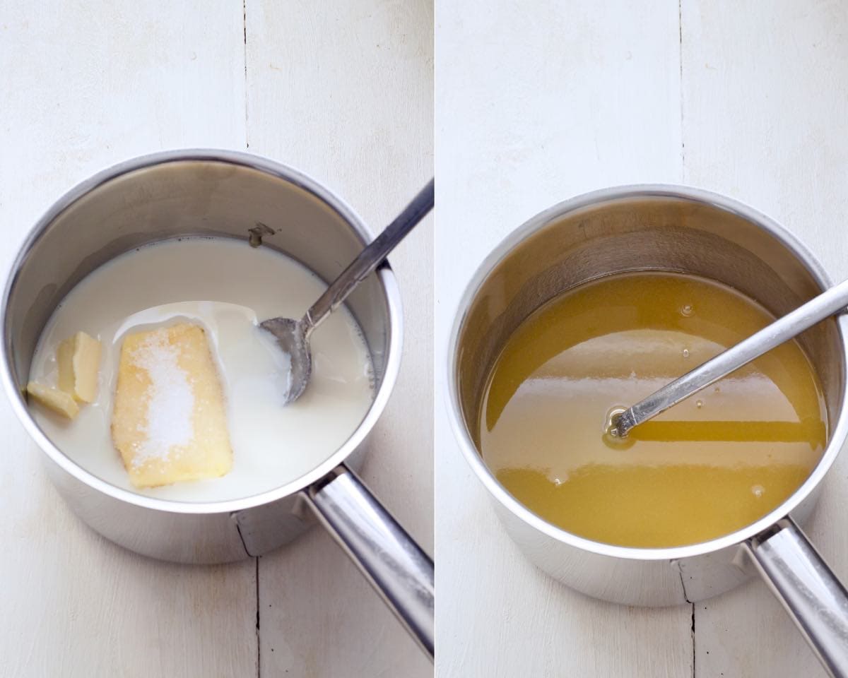 Melting butter, honey, sugar and milk together in a pan.