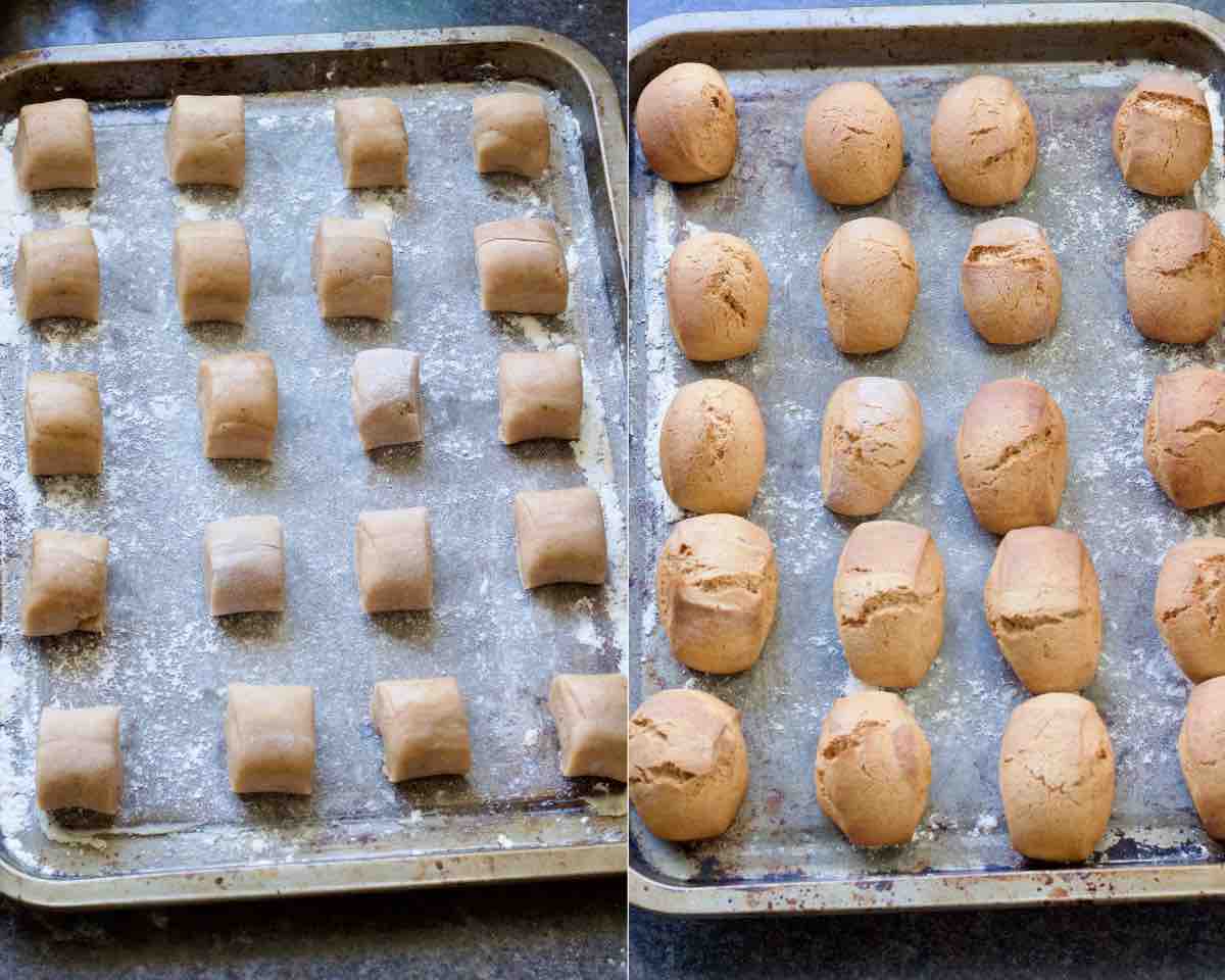 Pierniczki on a baking tray before and after baking.