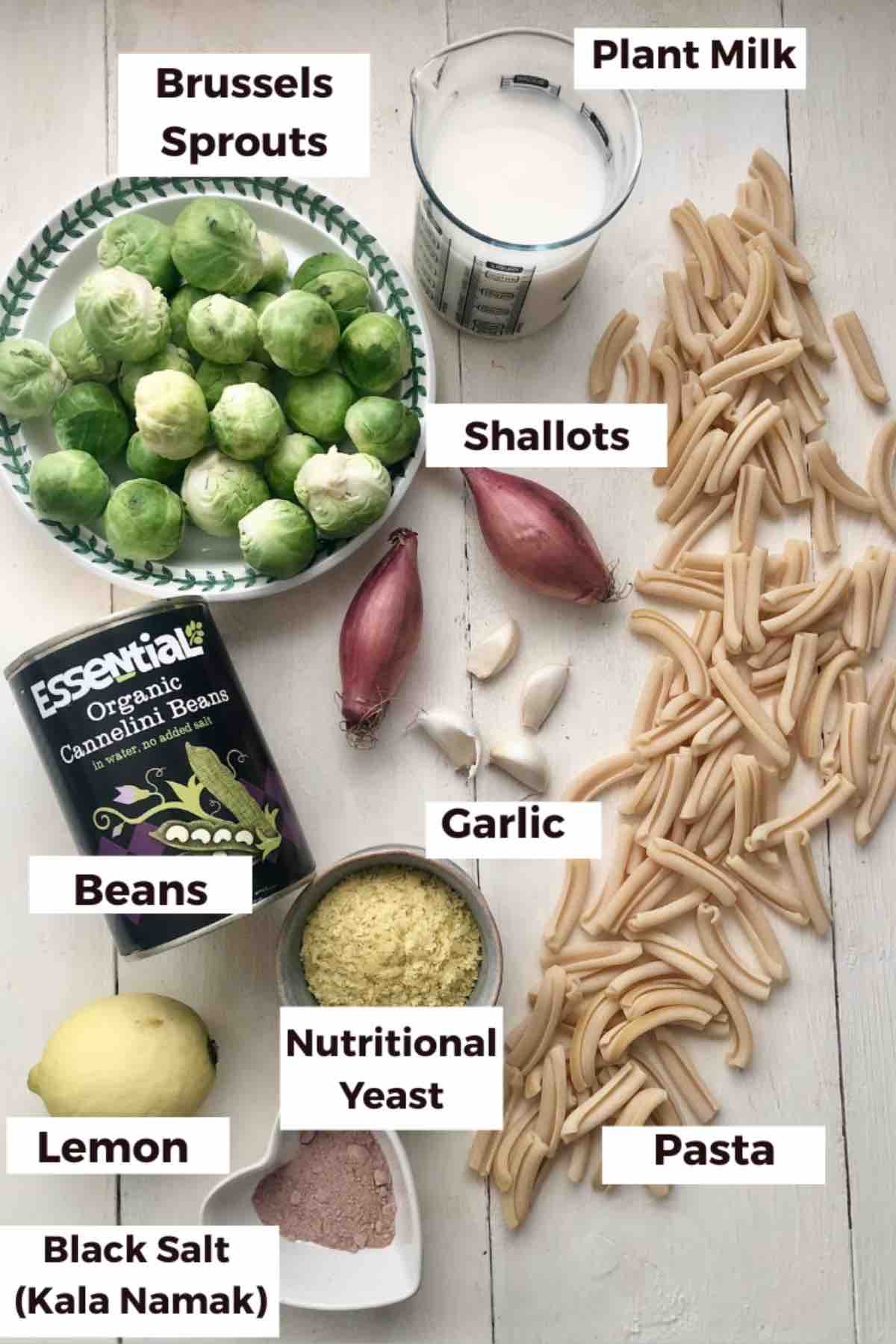 Ingredients for making roasted Brussels sprouts pasta.