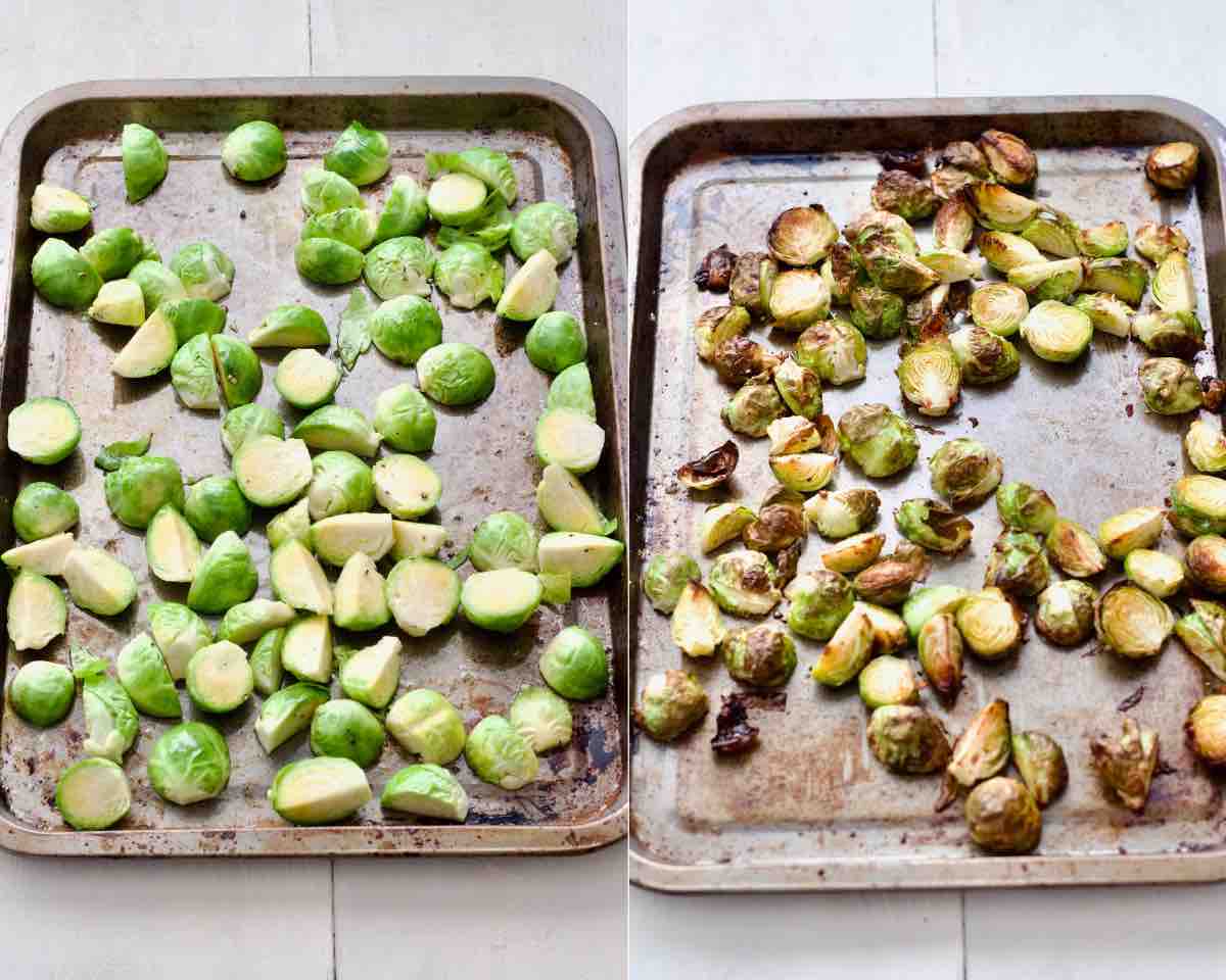 Two baking trays with Brussels sprouts before and after roasting.