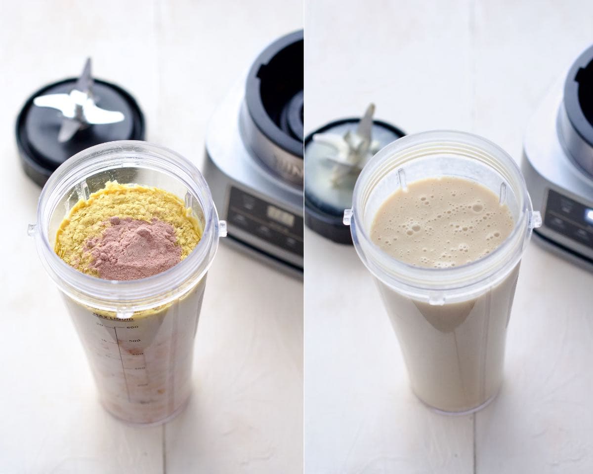 Creamy pasta sauce in a blender before and after blending.