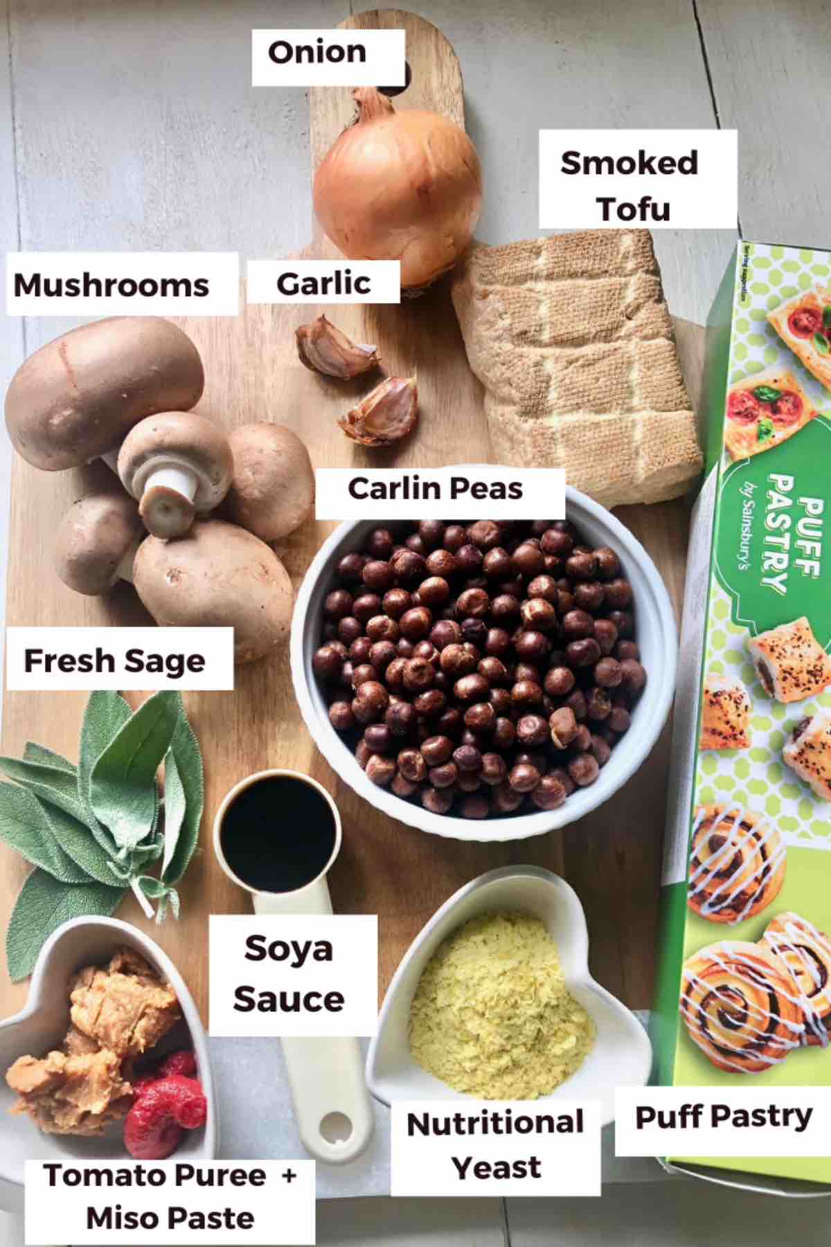 Ingredients for making tofu and mushroom sausage rolls.