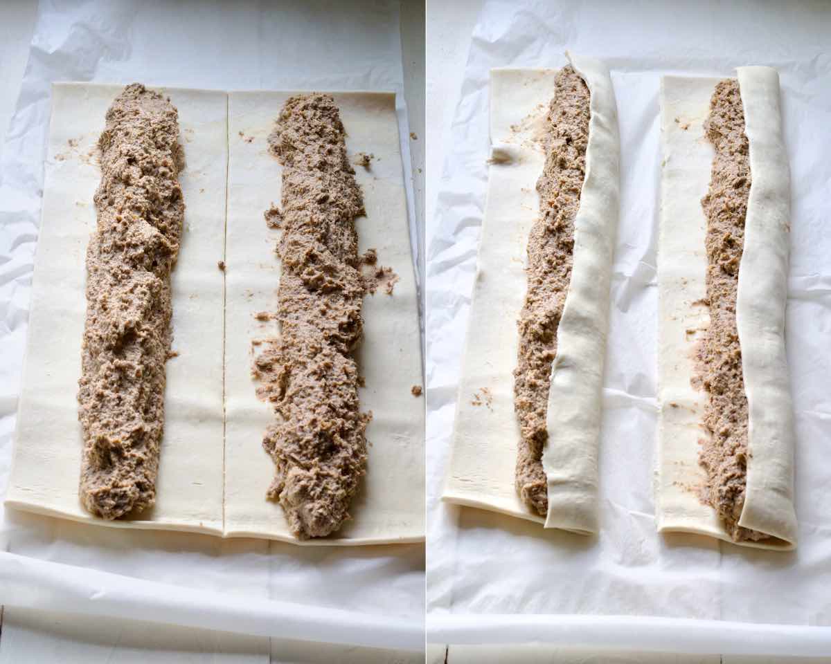 Process of filling sausage rolls.