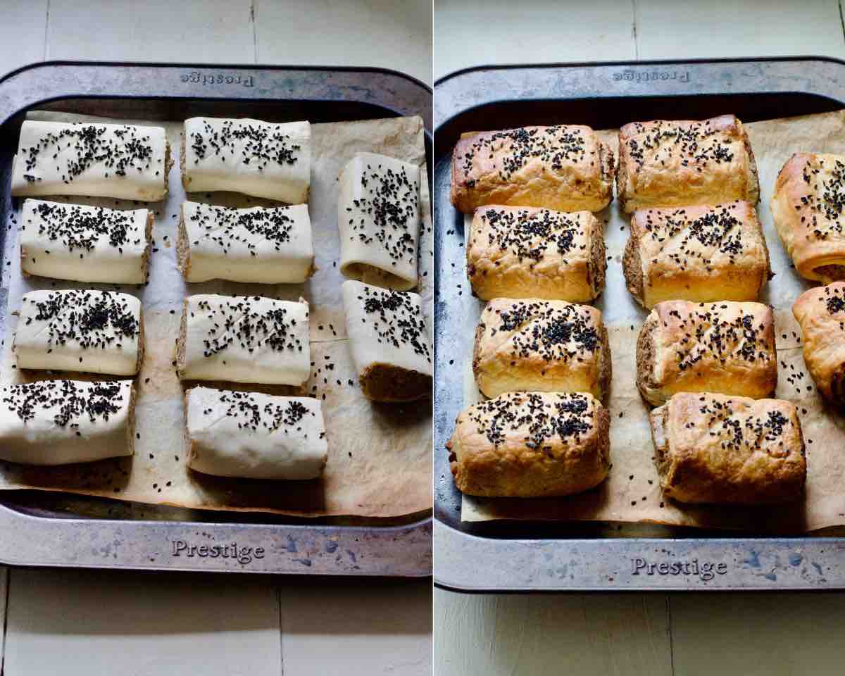 Mushroom sausage rolls before and after baking.