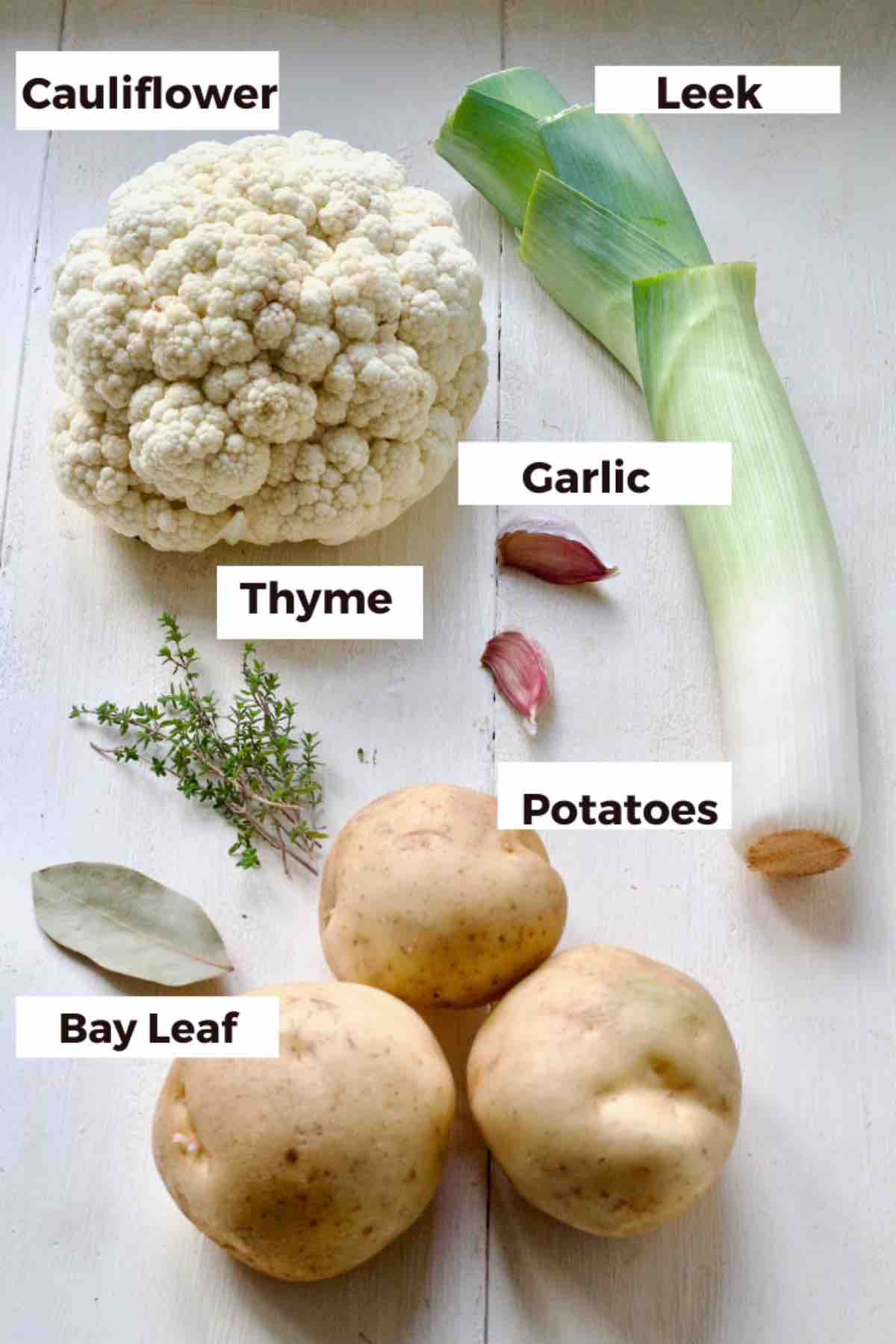 Ingredients for making cauliflower leek and potato soup.