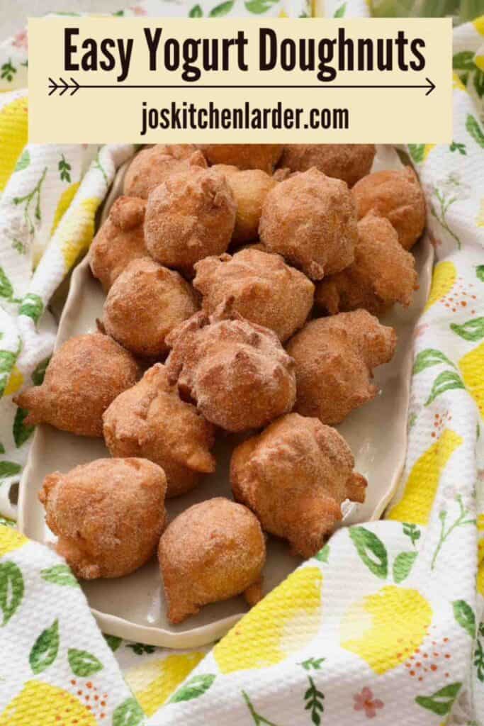 Long platter with mini yogurt doughnuts rolled in cinnamon sugar.