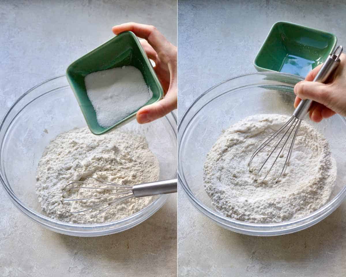 Hand whisking flour and sugar in a bowl.