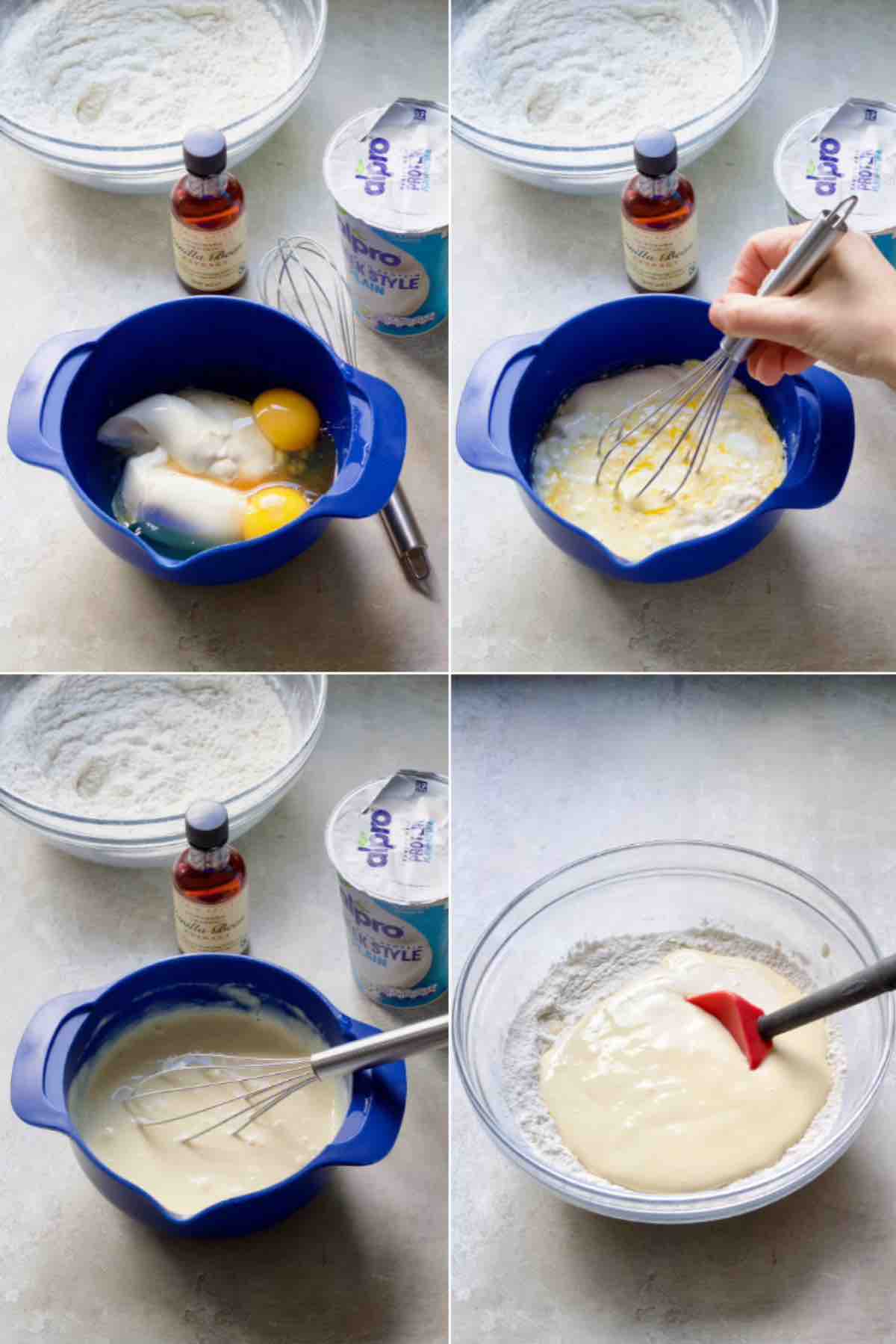 Wet ingredients being mixed in a bowl and poured over dry ingredients.