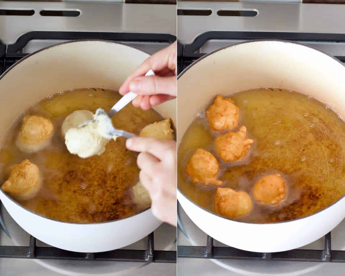 Frying mini yogurt doughnuts.
