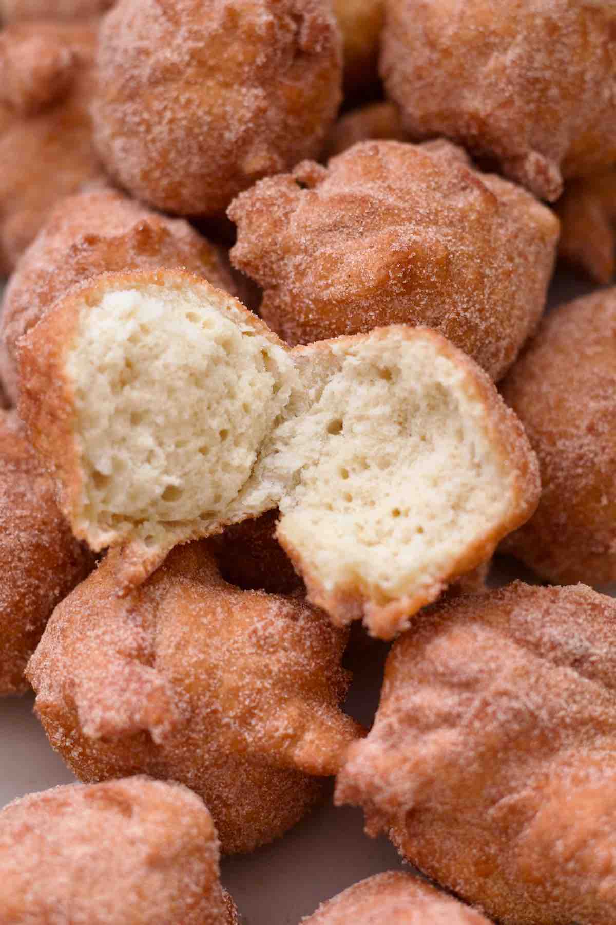 Close up of yogurt doughnut cut in half.