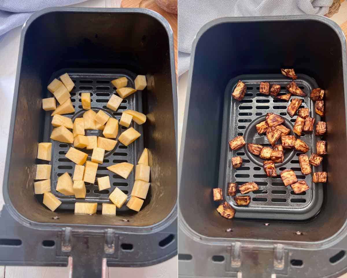 Swede chunks in the air fryer before and after air frying.