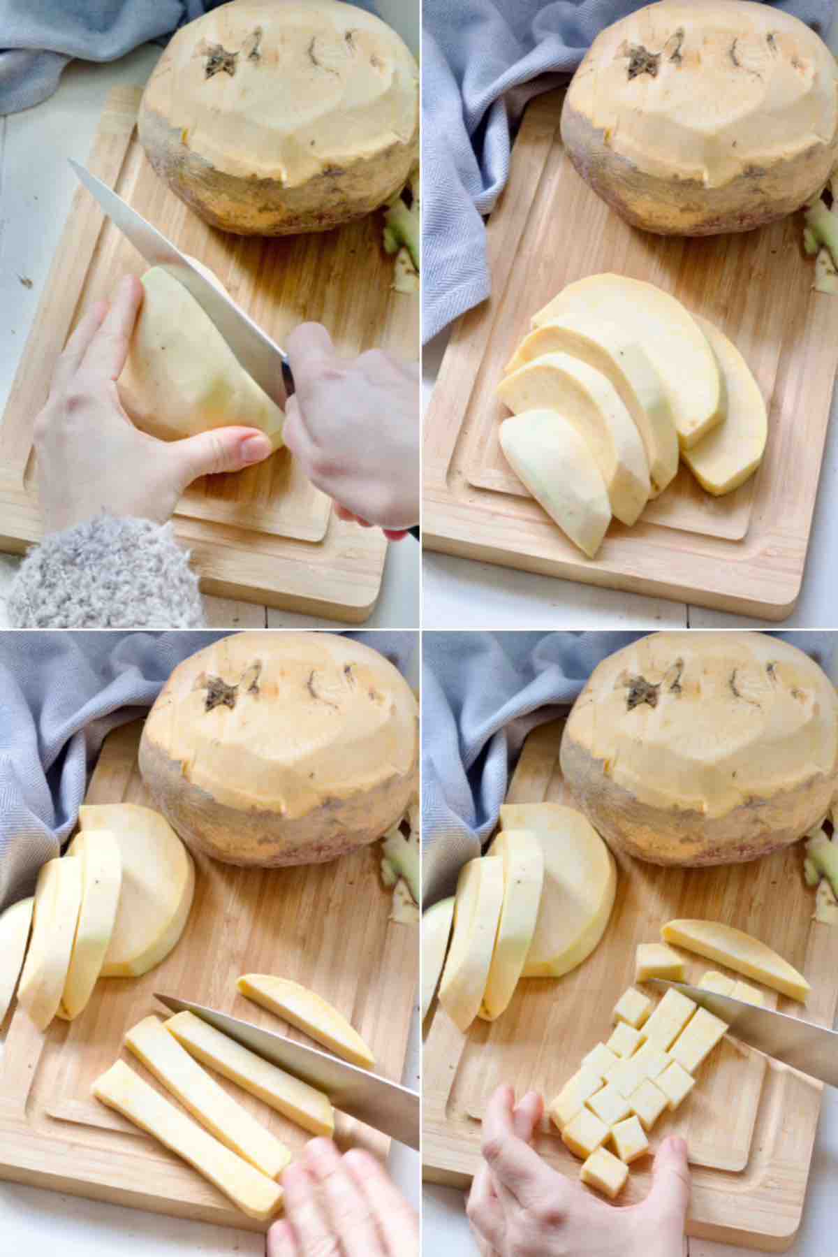 Process of cutting swede into chunks.