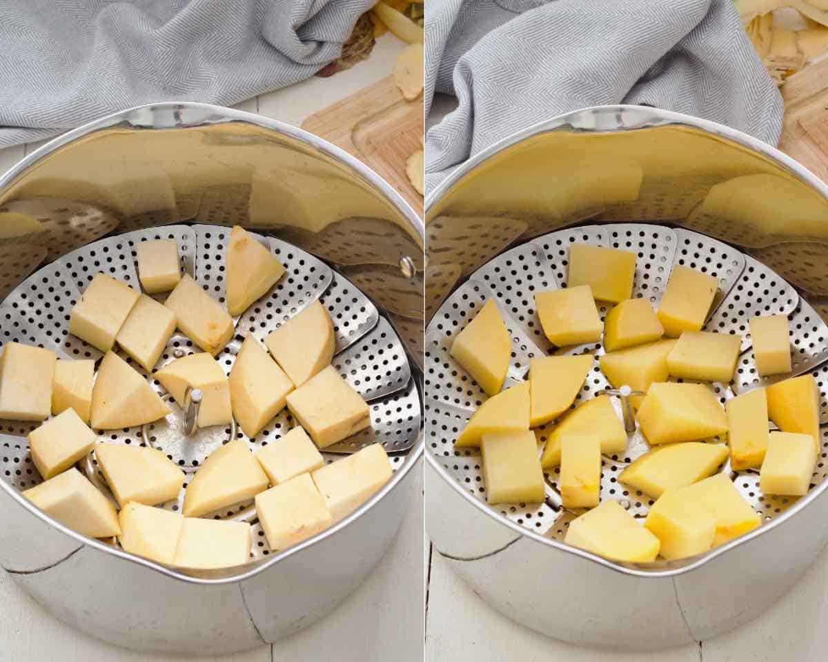 Swede chunks in a steamer before and after steaming.
