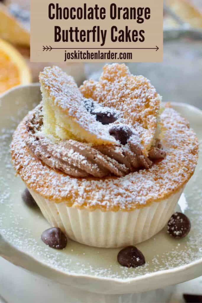Close up of decorated butterfly cake dusted with icing sugar.