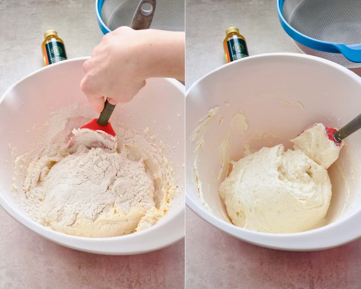 Folding in sieved flour into the batter to gently incorporate it.