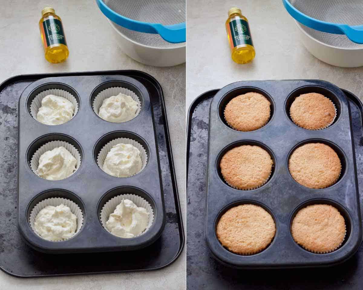 Butterfly cakes before and after baking.