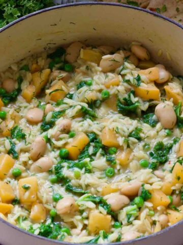 Close up of finished dish - Creamy Braised Swede Orzo in a pot.