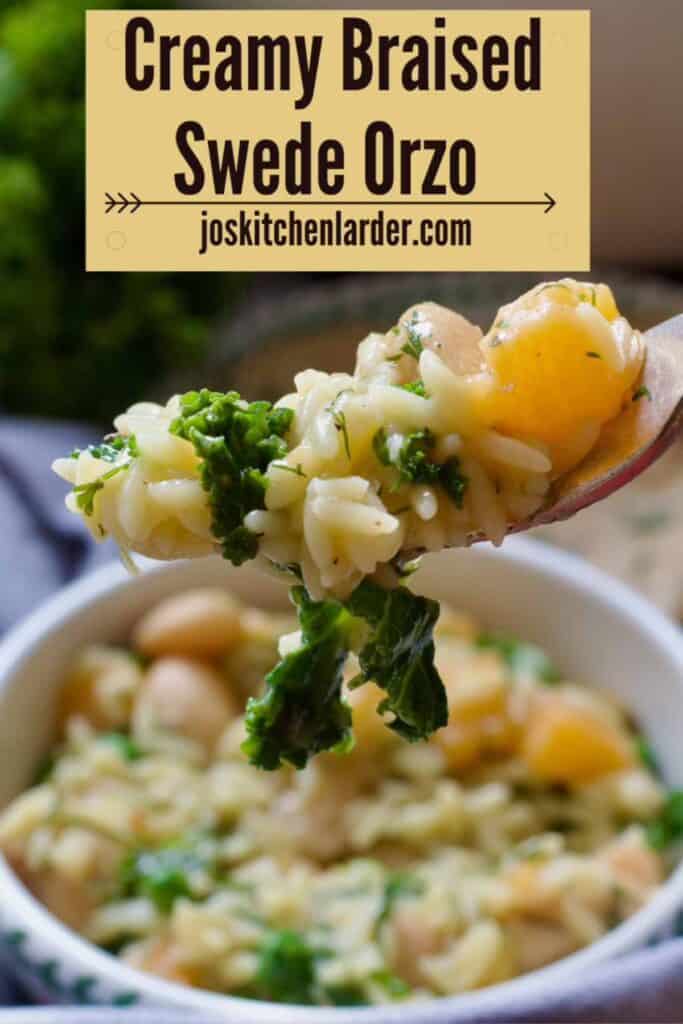 Close up of forkful of creamy swede orzo.