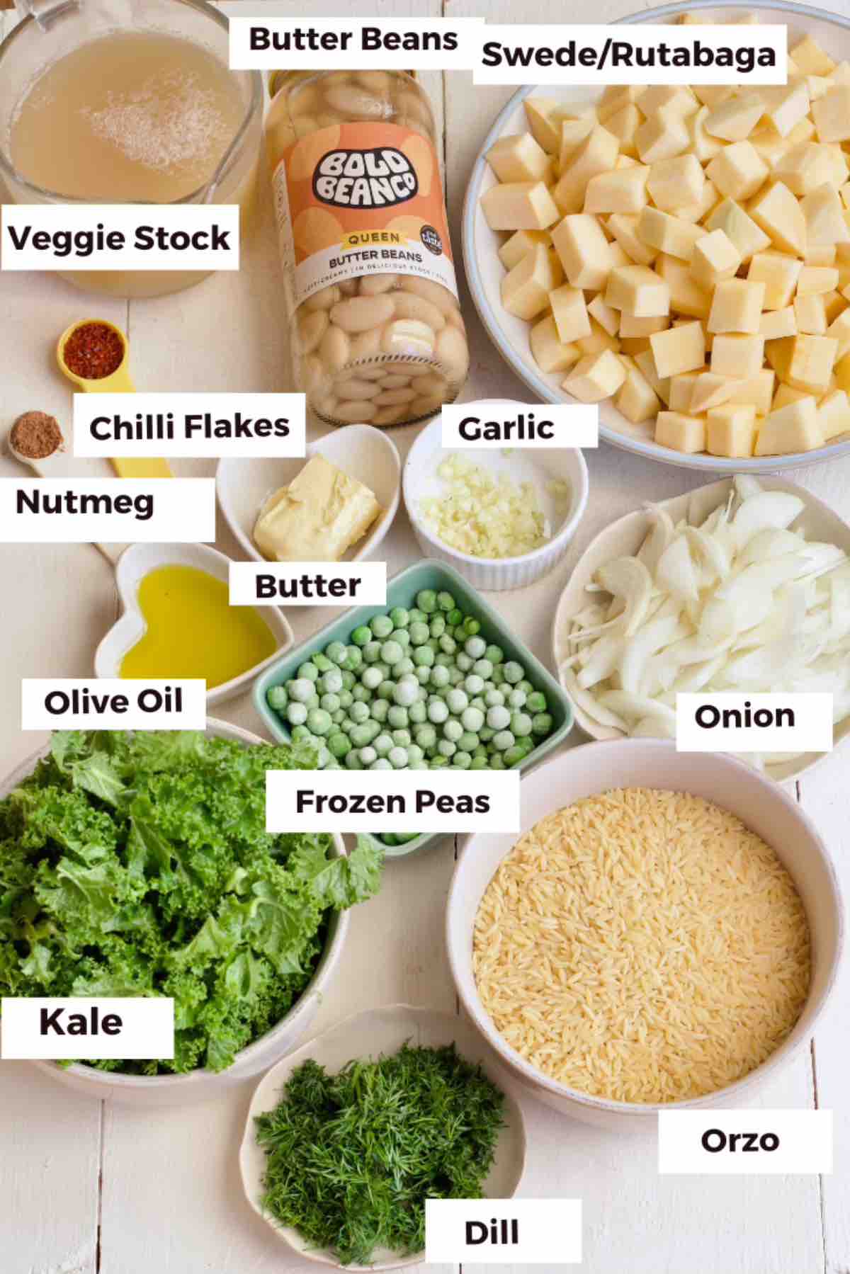 Ingredients for making creamy braised swede orzo.