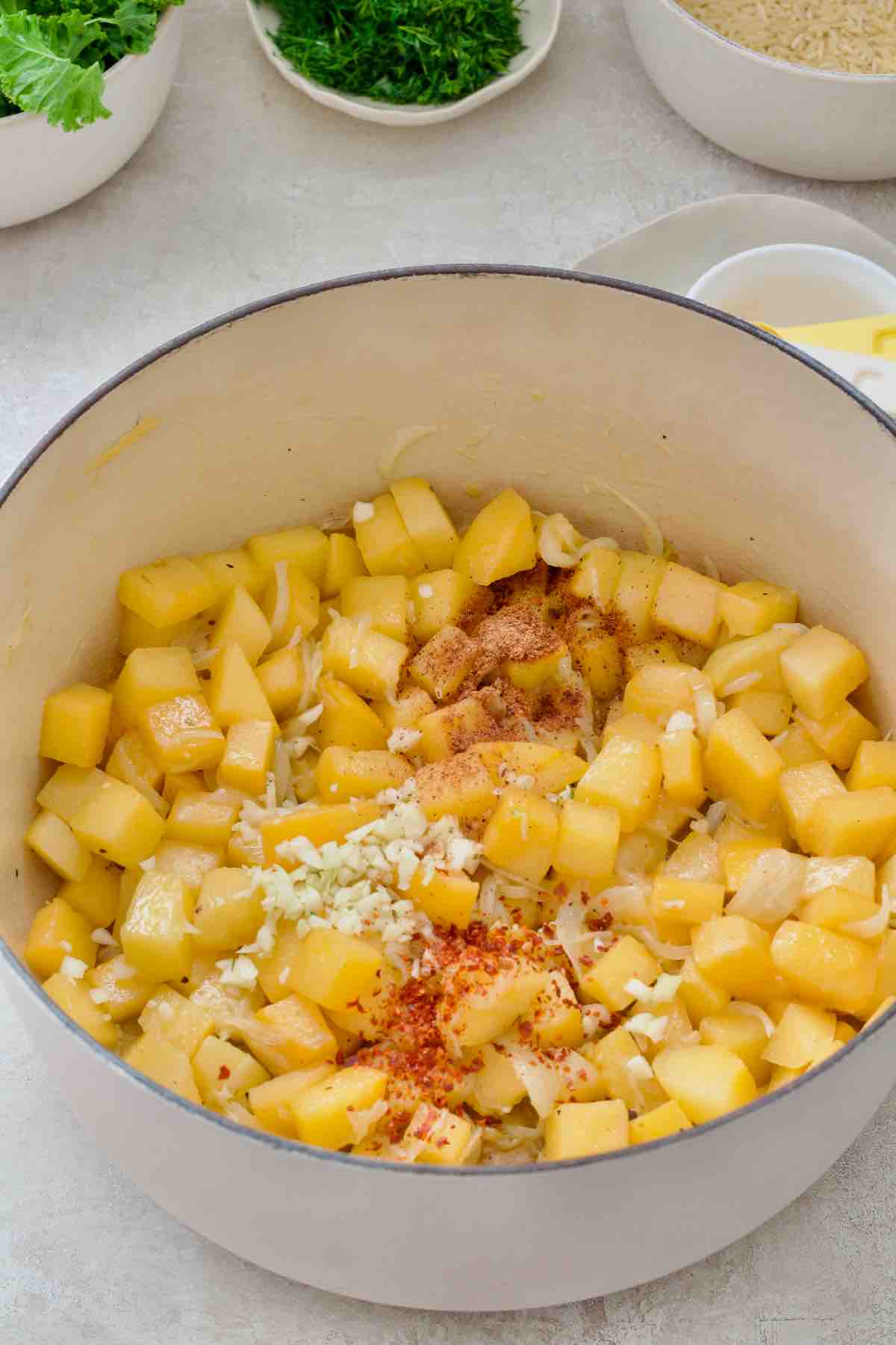 Braised swede and onions with added garlic and spices.