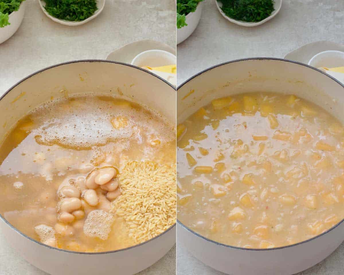 Orzo, butter beans and stock added to the pot and after cooking for a bit and thickening up.