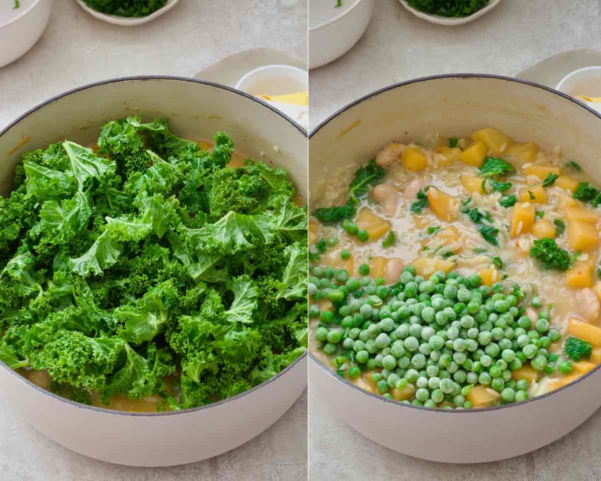 Kale on top of orzo before stirring in and frozen peas on top of orzo with kale stirred in.