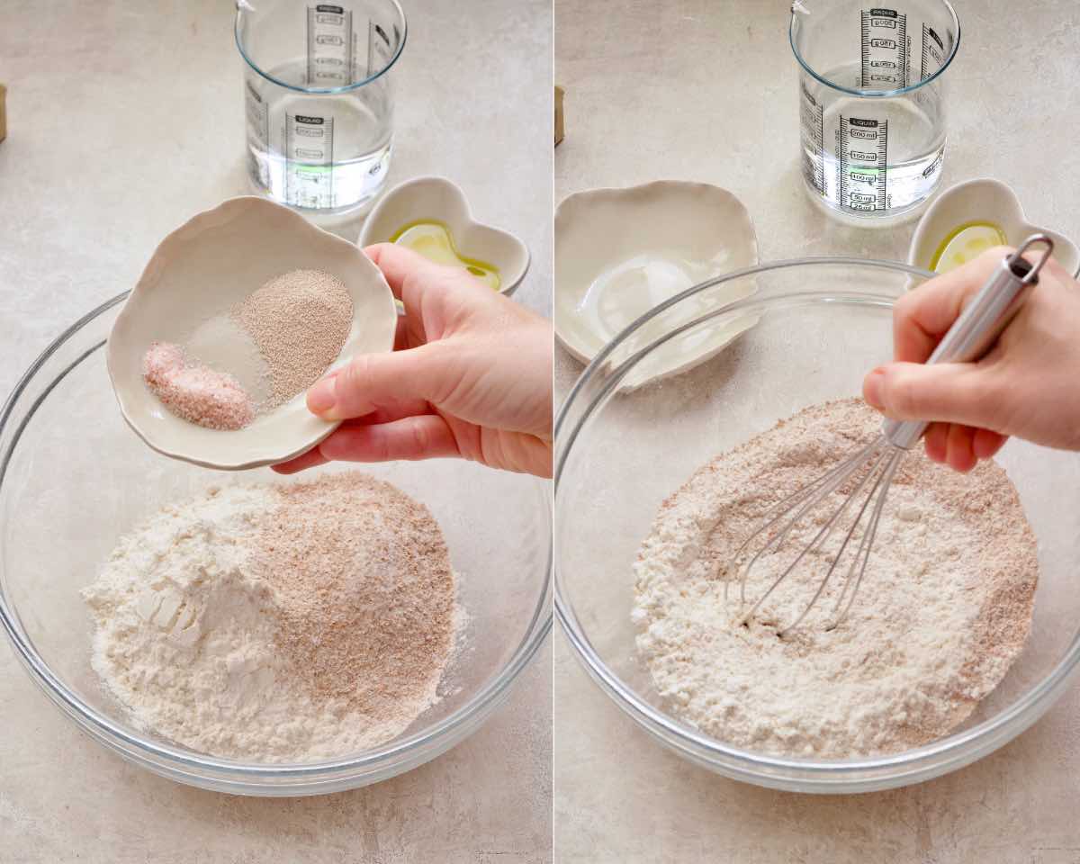 Whisking flours with salt and yeast.