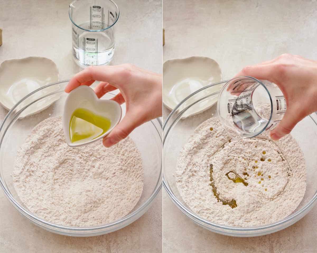 Adding olive oil and water to the bowl with flours.