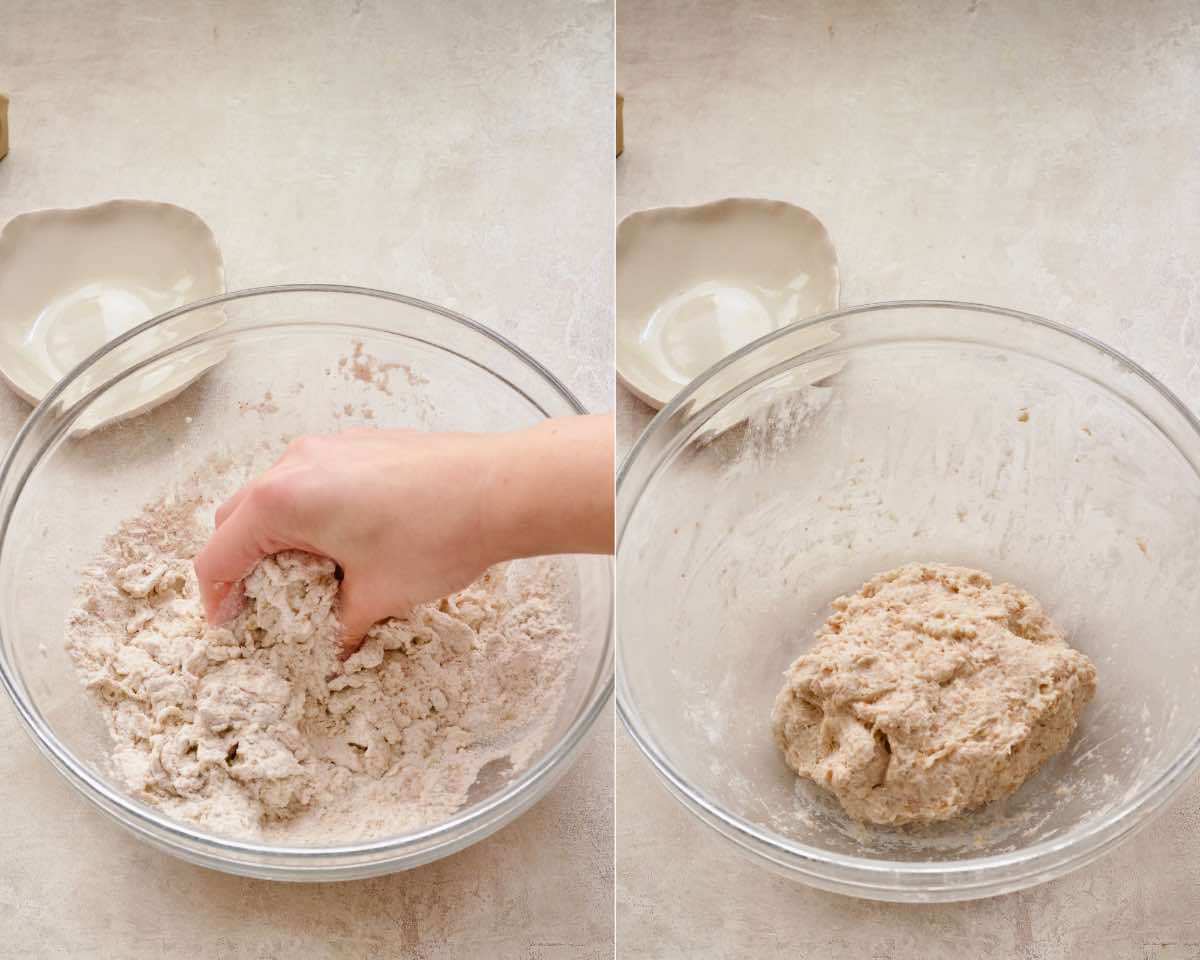 Dough coming together in a bowl.