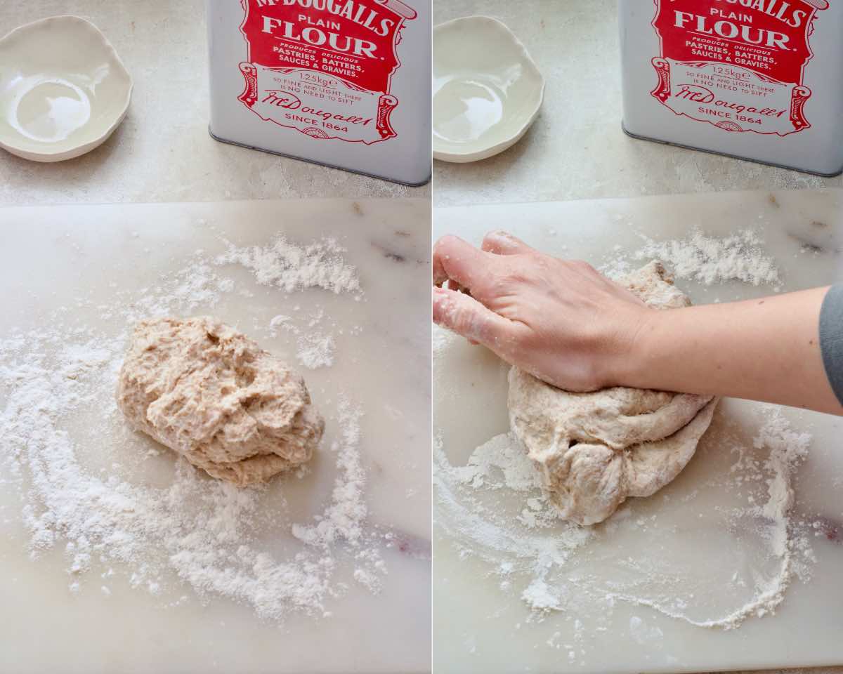 Hand kneading the dough.