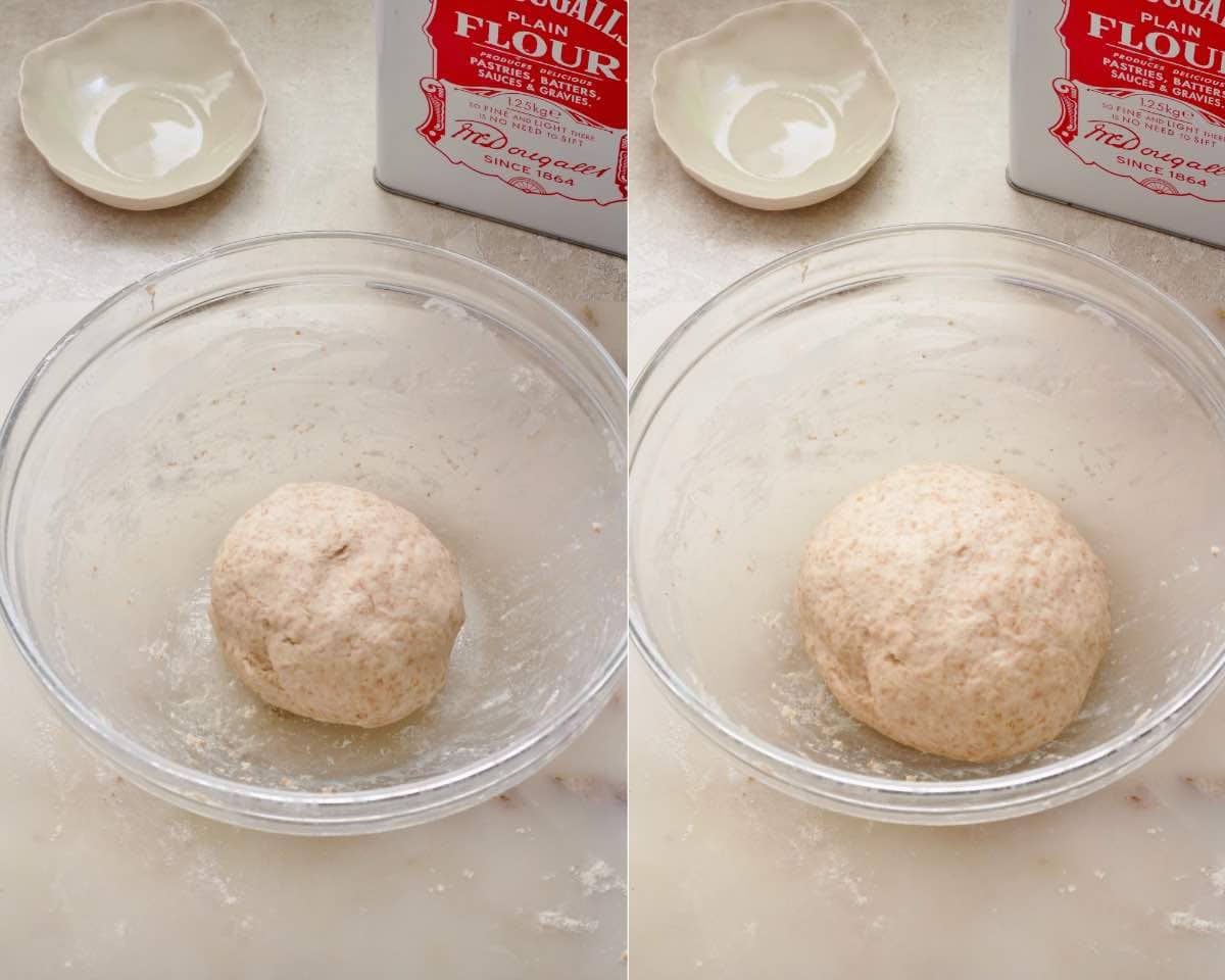 Flatbread dough before and after rising.