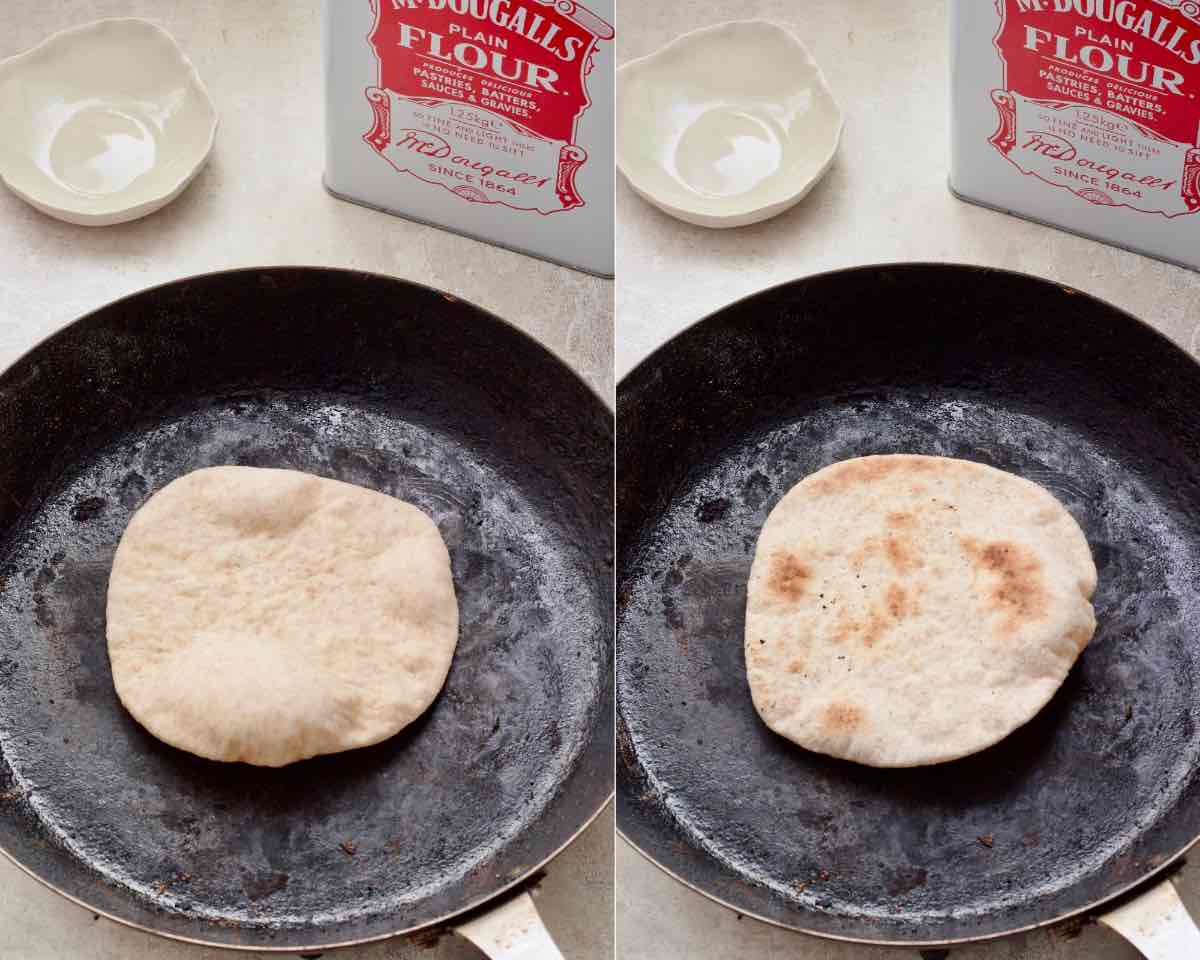 Flatbread in a frying pan with bubbles forming and flipped to the other side.