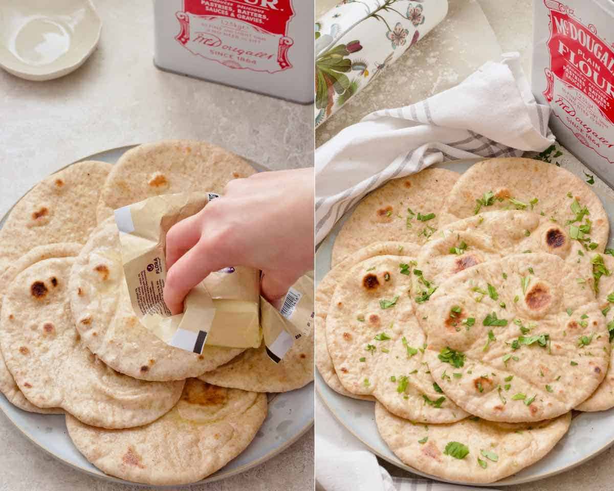 Hand spreading garlic butter over flatbreads and flatbreads arranged on a plate.