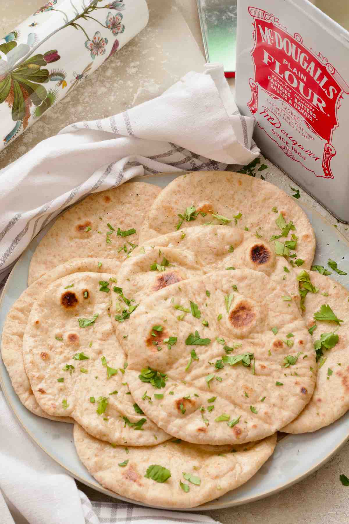 Flatbreads on a plate view from the top.
