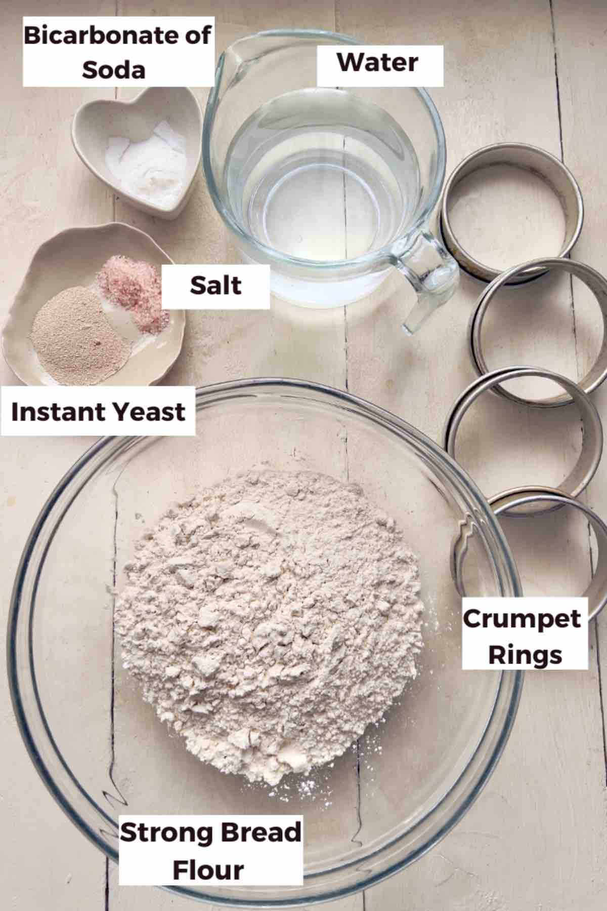 Ingredients for making crumpets.