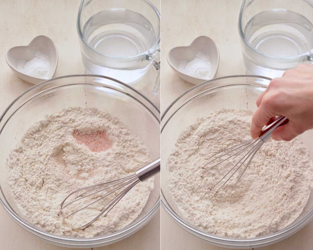 Whisking in flour, salt and yeast in a bowl.