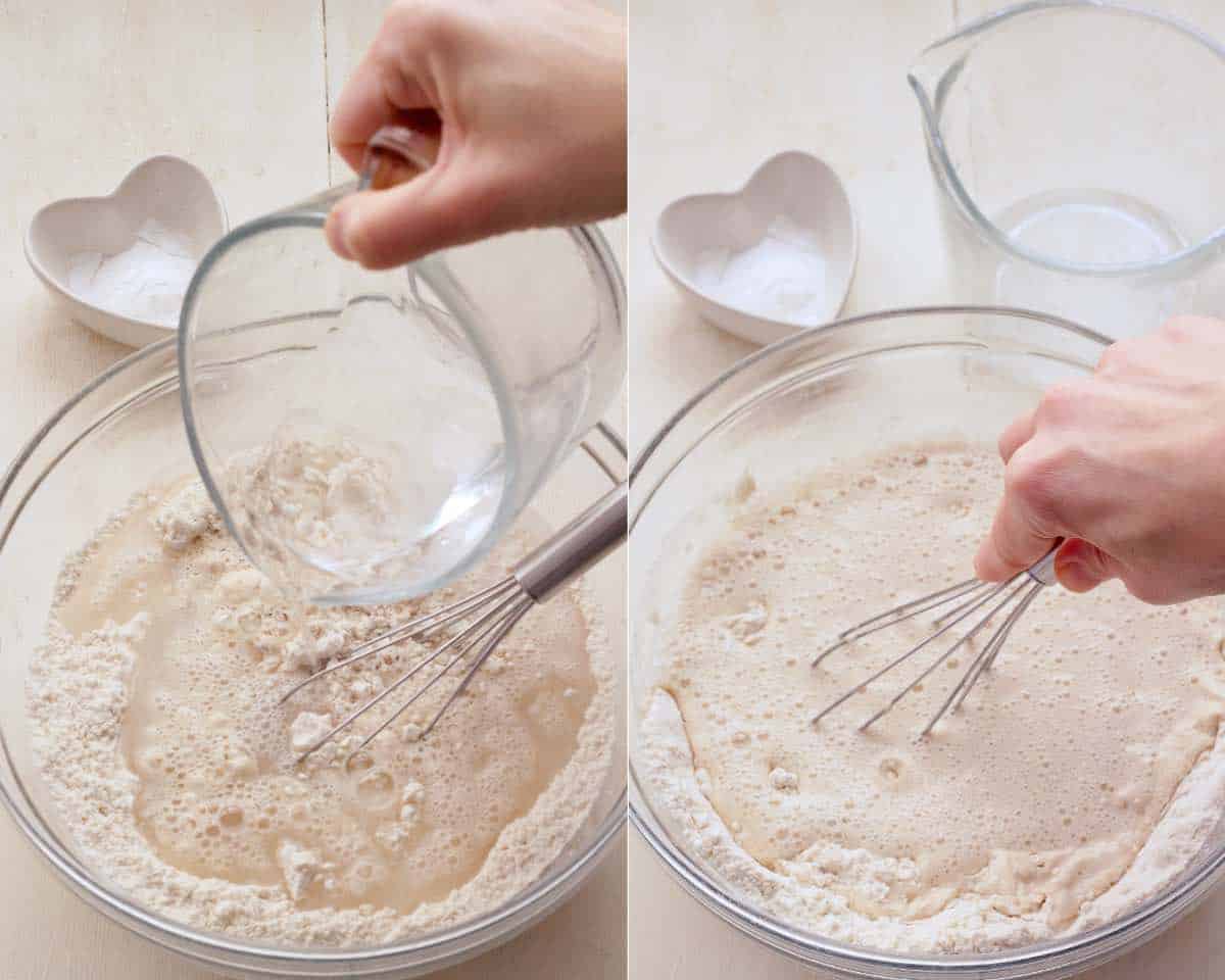 Adding water to dry ingredients and mixing it in to create batter.