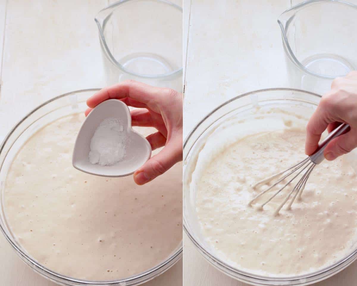 Adding bicarbonate of soda to proved batter and mixing it in.